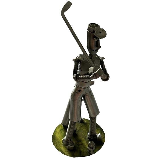 Miguel Metal Mejia Artist Scrap Metal Art Sculpture Golfer 8” Tall Signed Recyle - Picture 6 of 9